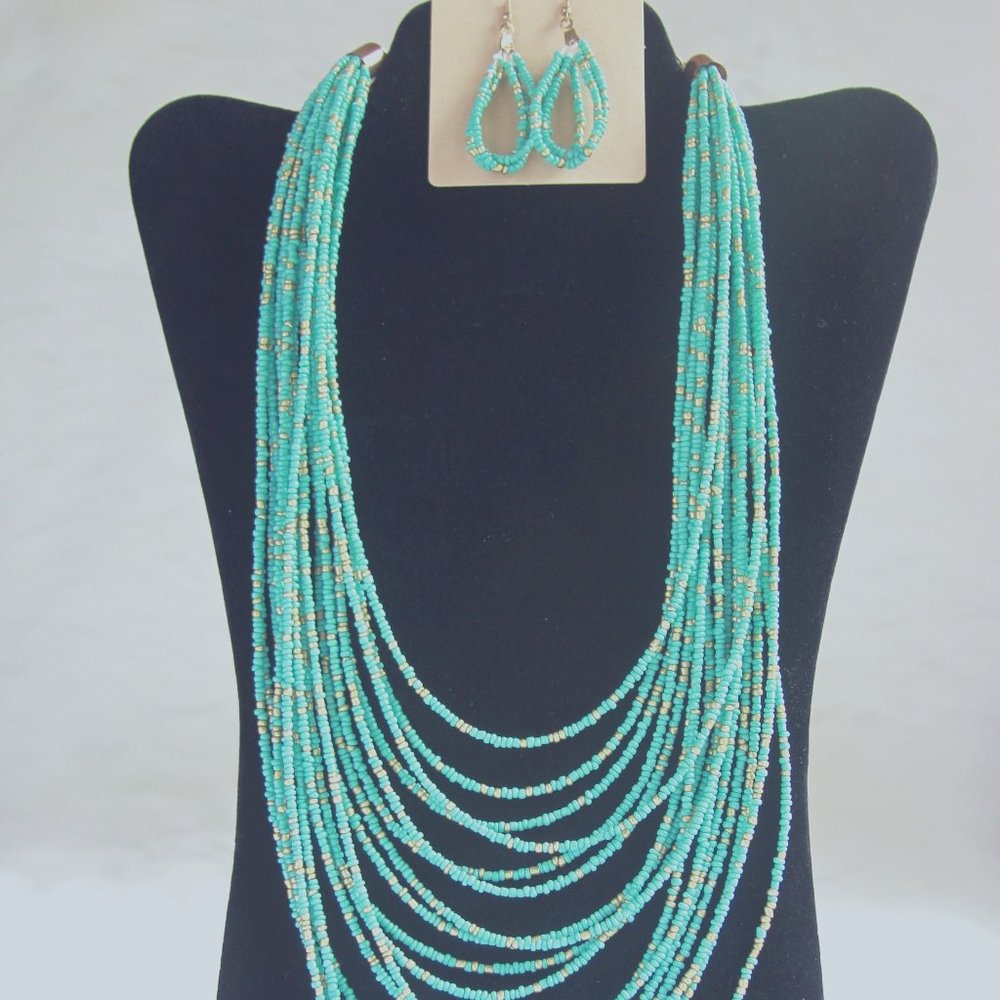 Multi-strand faux turquoise necklace with earrings